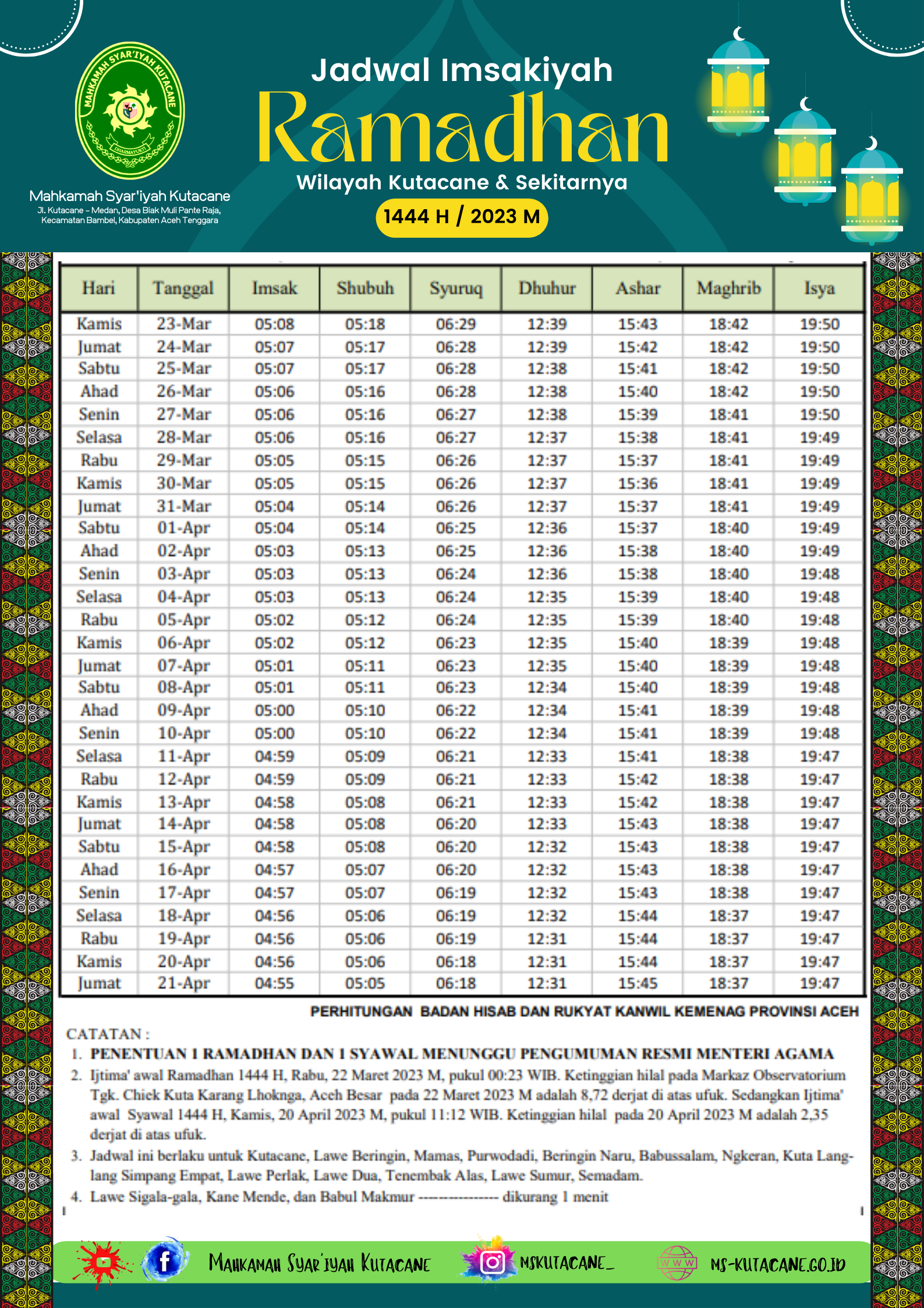 Jadwal Imsakiyah MSKC 2023